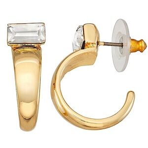 Nine West Gold Tone Crystal Bar C-Hoop Earrings